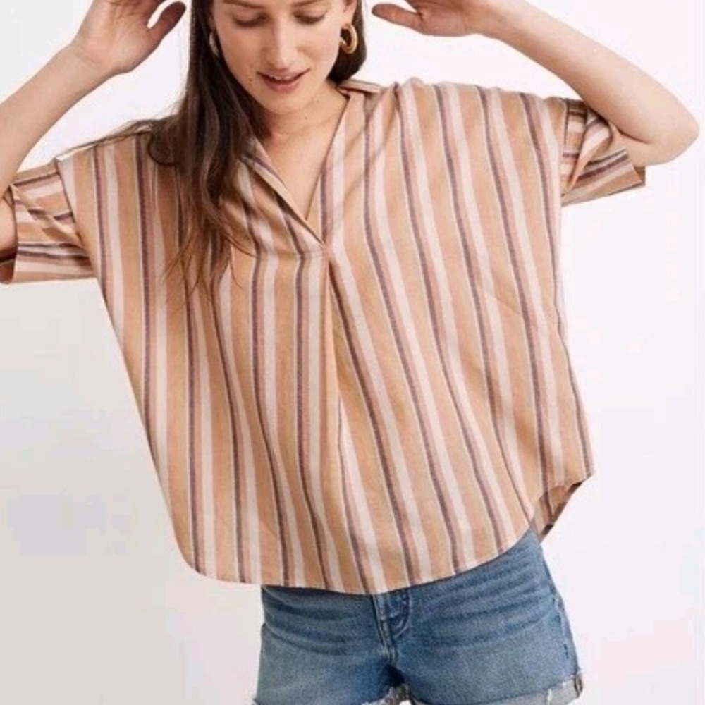 Madewell Striped V Neck Oversized Short Sleeve Shirt Top Womens Size L